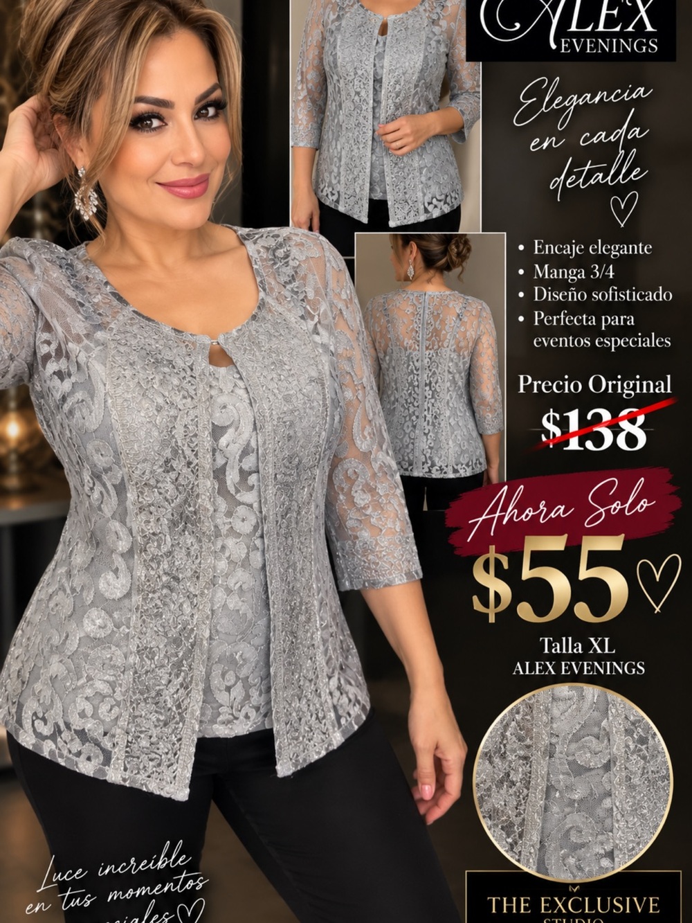 Alex Evenings Silver Lace 3/4 Sleeve Overlay Blouse